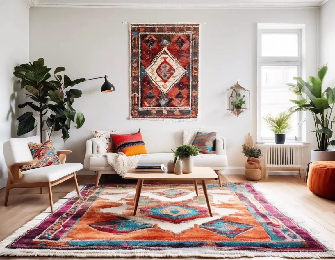 scandinavian living room with the moroccan rug