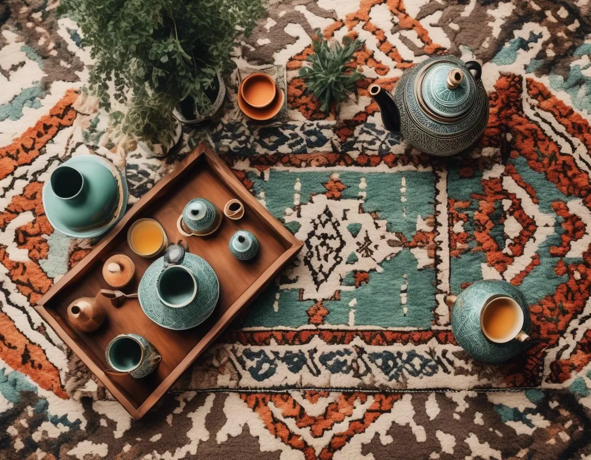 tea post and glasses on a vibrant rug