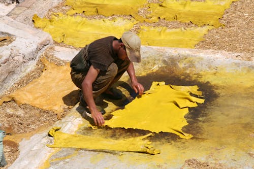 Free A worker handles dyed leather in the traditional tanneries of Fez, Morocco, showcasing the craftsmanship of leather processing. Stock Photo