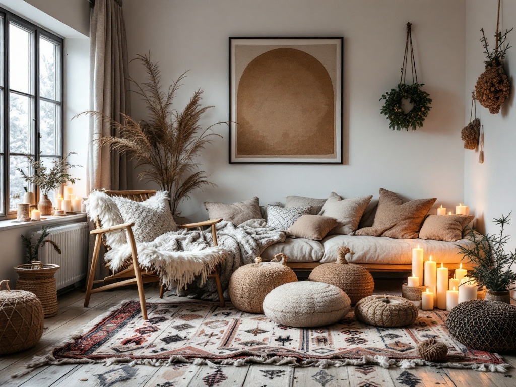 A Scandinavian dining area with Moroccan flat-woven kilim rugs, a wooden Nordic table, and Moroccan ceramics as table decor.