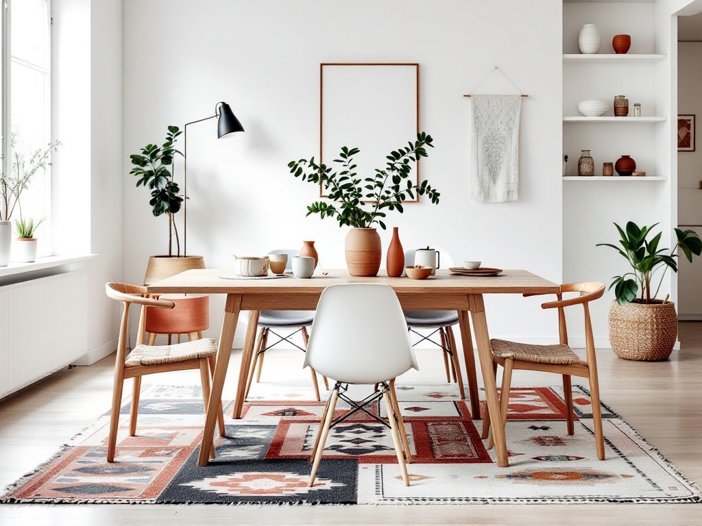 A winter-inspired Moroccan-Nordic interior with layered thick Moroccan rugs, candles, and wooden Scandinavian furniture.