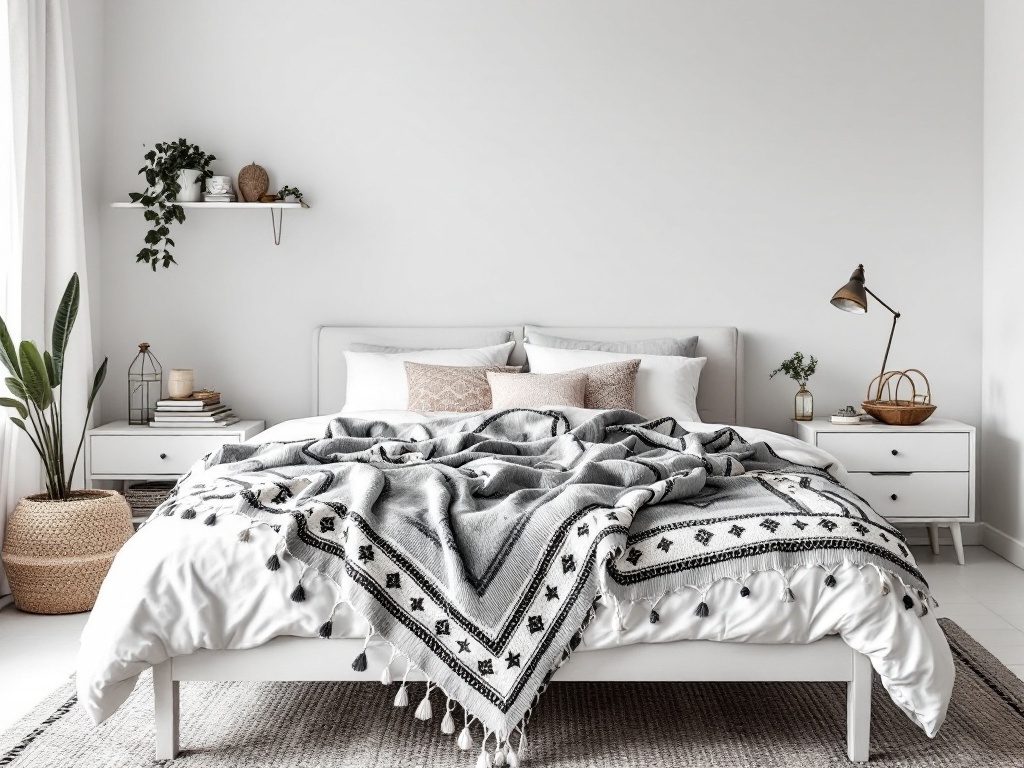 A Moroccan-Nordic bedroom with a Moroccan wedding blanket on a minimalist Scandinavian bed frame.