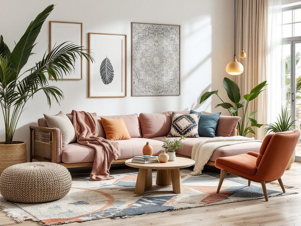 A cozy Moroccan-Nordic fusion living room featuring a Beni Ourain rug, minimalist Scandinavian furniture, and warm lighting.
