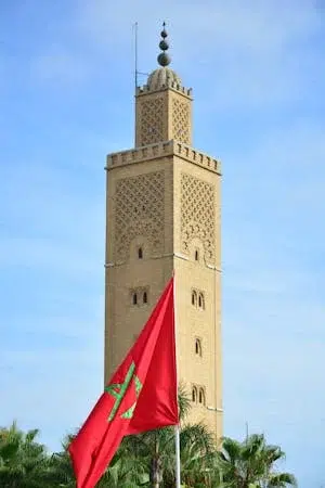 a mosque surrounded by palm trees and a red morocco flag