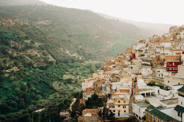 the beautiful moulay idriss, houses up the hill with the view of the mountains