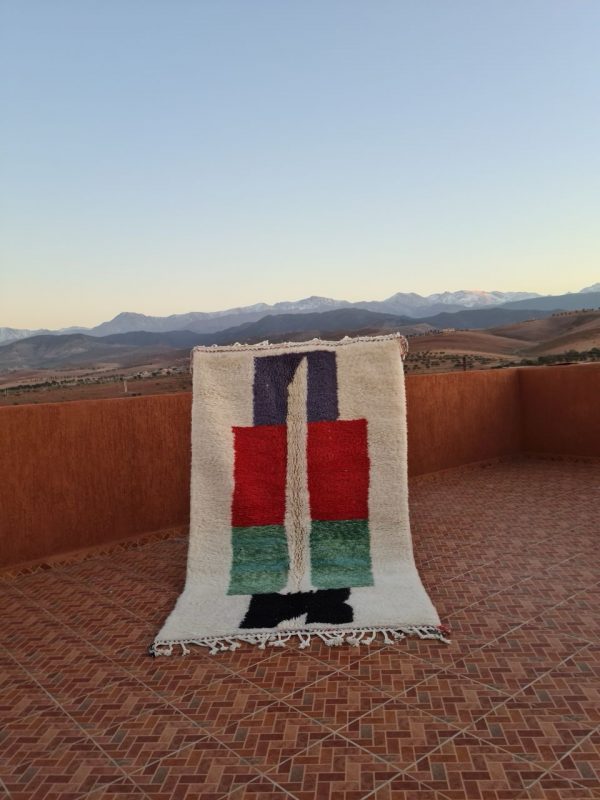 Artistic Beni Ourain Rug - 2.5x1.5m, Red, Green, Blue, and Black on Ivory Base - Image 4