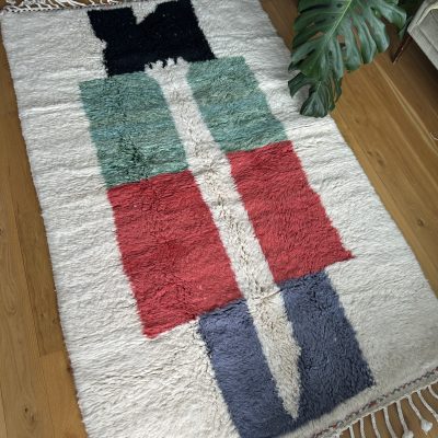 Artistic Beni Ourain Rug - 2.5x1.5m, Red, Green, Blue, and Black on Ivory Base