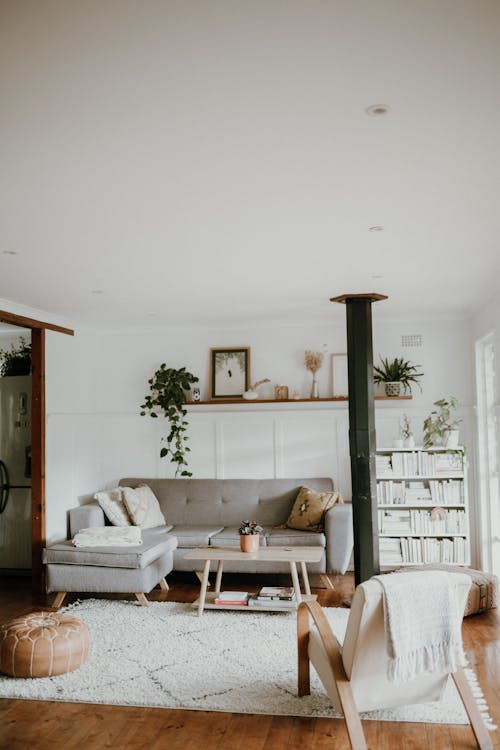 Free Warm and inviting Scandinavian-style living room with neutral decor and indoor plants. Stock Photo